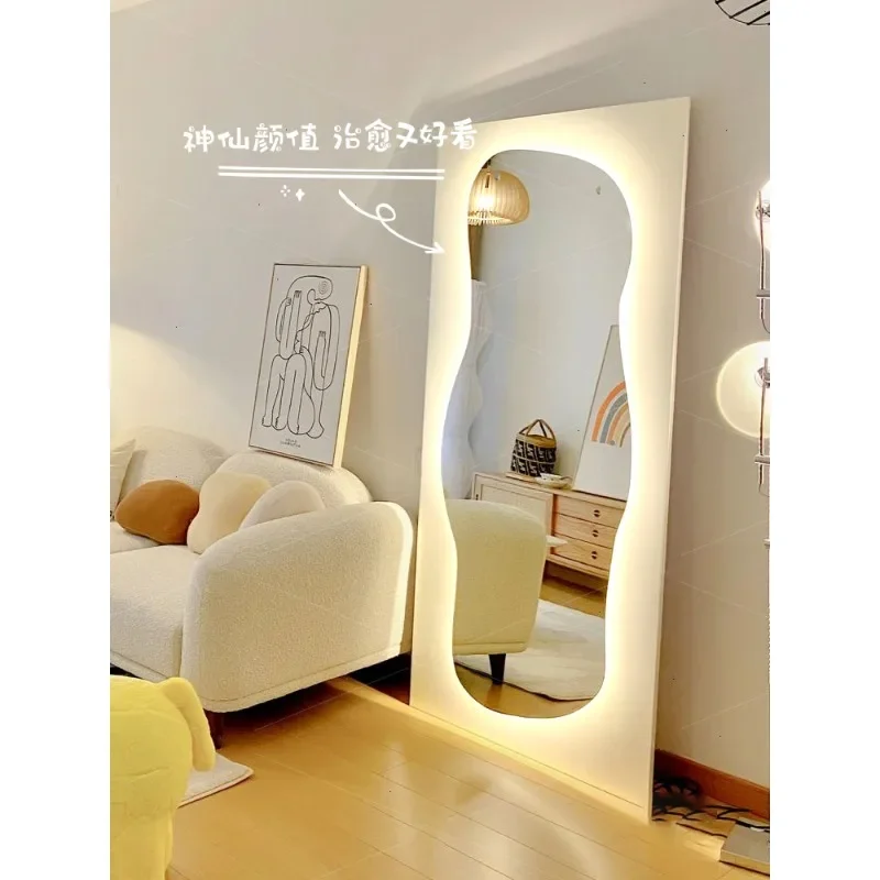 Customized clothes mirror Net red ins Irregular wave floor mirror Art full body Clothes shop LED shaped thin