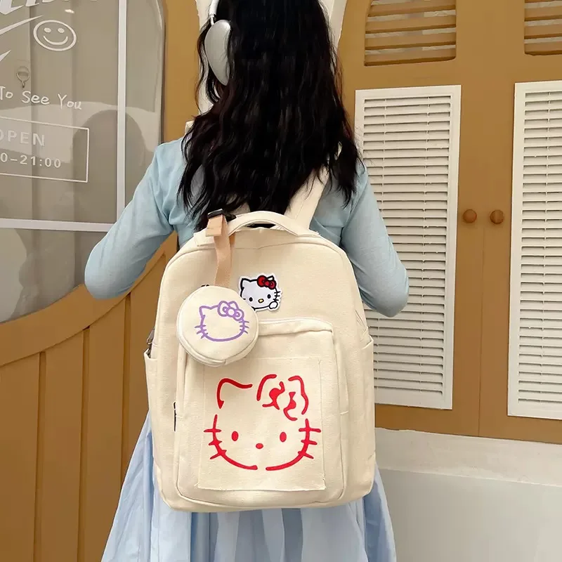 Sanrio HelloKitty Canvas Backpack Stylish High Capacity Girl Schoolbag Cute HelloKitty Backpack Young Girls Fashion Schoolbag