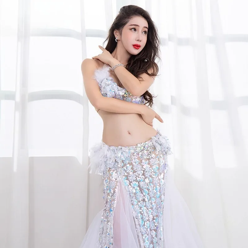 Vestido de danza del vientre personalizado, ropa de actuación, trajes de danza Oriental femenina, falda larga Sexy, conjunto de malla QC2997