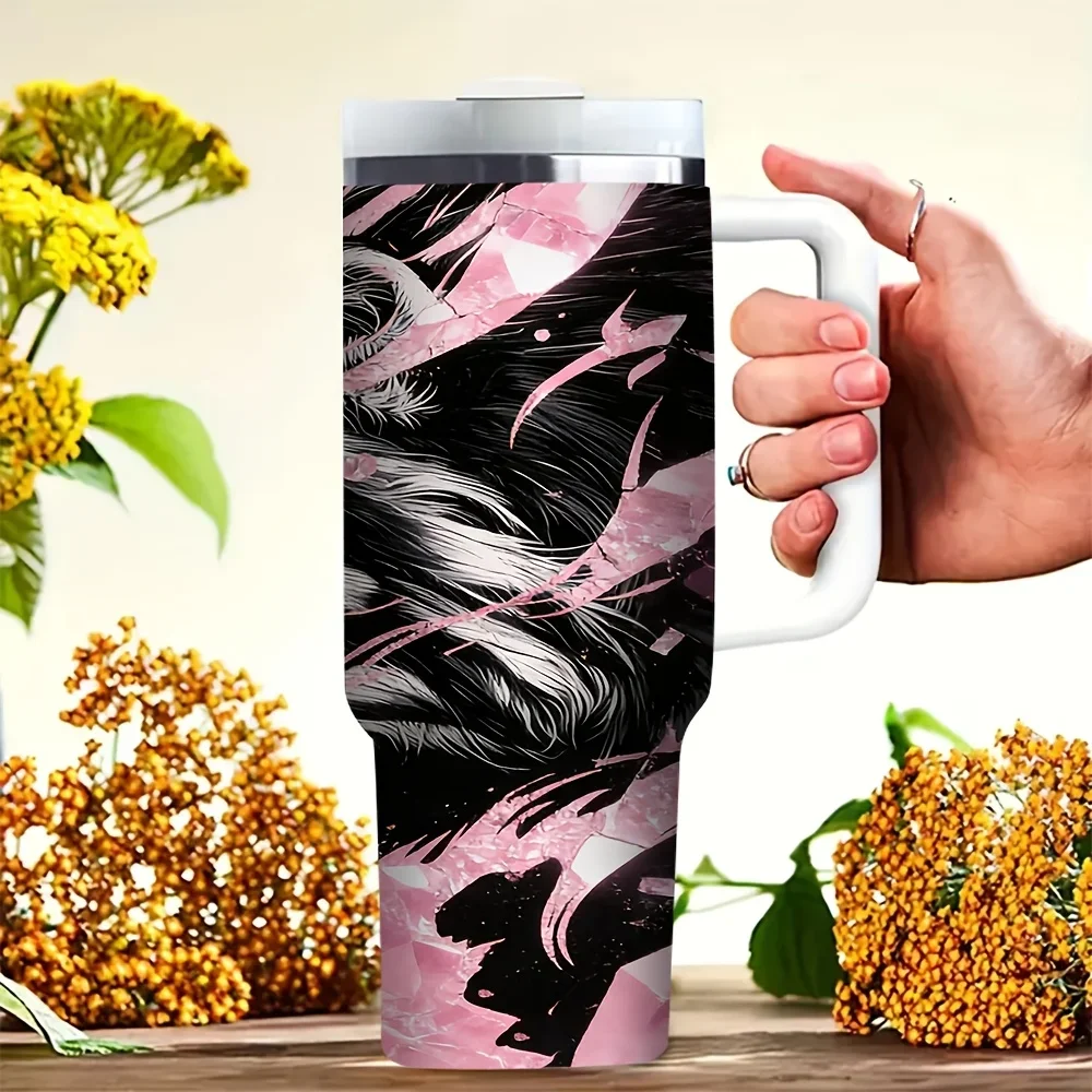 40oz Pink and Black Tiger Pattern Tumbler with Handle, Suitable for Animal Art Lovers, Perfect for Travel, Camping, Outings and Daily Use, Great for Outdoor Activities, Fits Both Hot and Cold Drinks