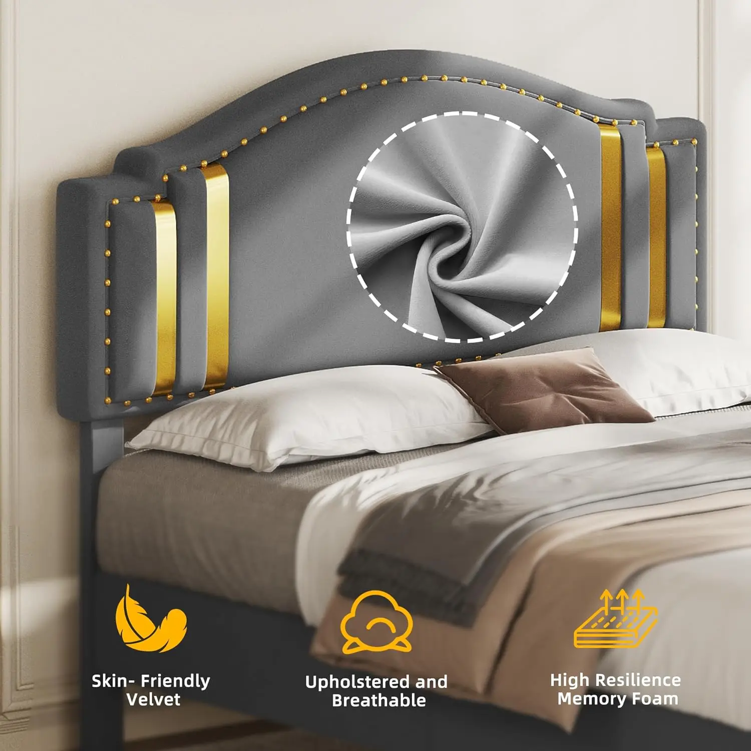 Dwvo Queen Size Velvet Platform Bed Frame, Curved Upholstered Headboard And Footboard, Gold Rim And Rivets, Stable Metal Base &