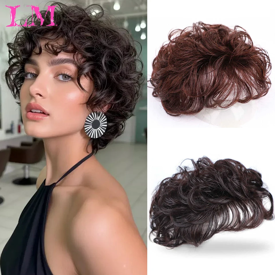 

LM Synthetic Short Curly Wavy Hair Topper for Women Real Human Hair Natural Black Swiss Lace Base Clip in Topper Wiglet Hairpiec