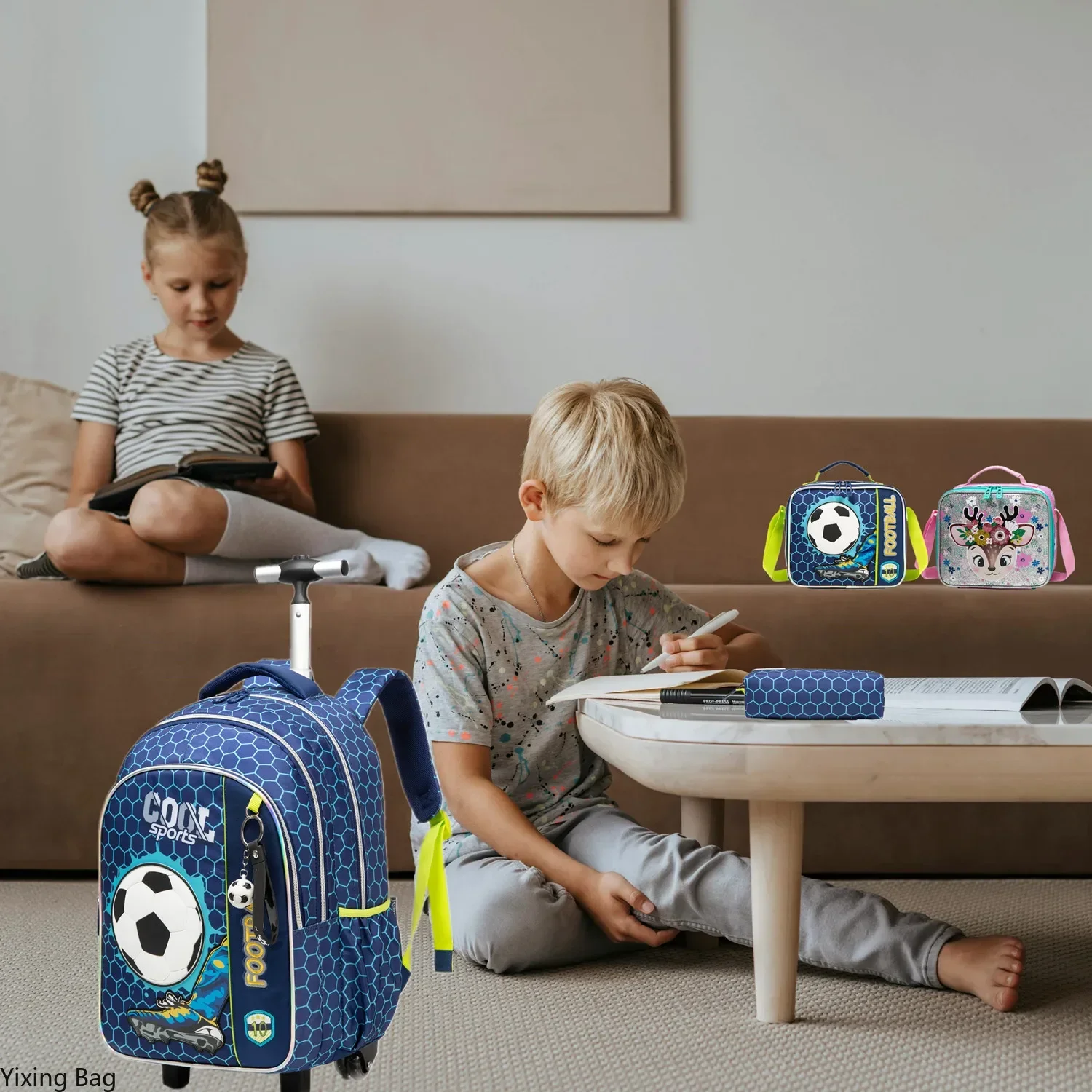 Bunnyfly 3PCS Kids Rolling Backpack Set with Wheels Back to School Carry on Luggage for Elementary Students