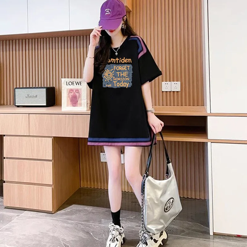 2024 New Summer Thin Loose Ladies O-neck Pullovers Mid Length Version Young Style Short Sleeve Tops Patchwork Striped T-Shirts