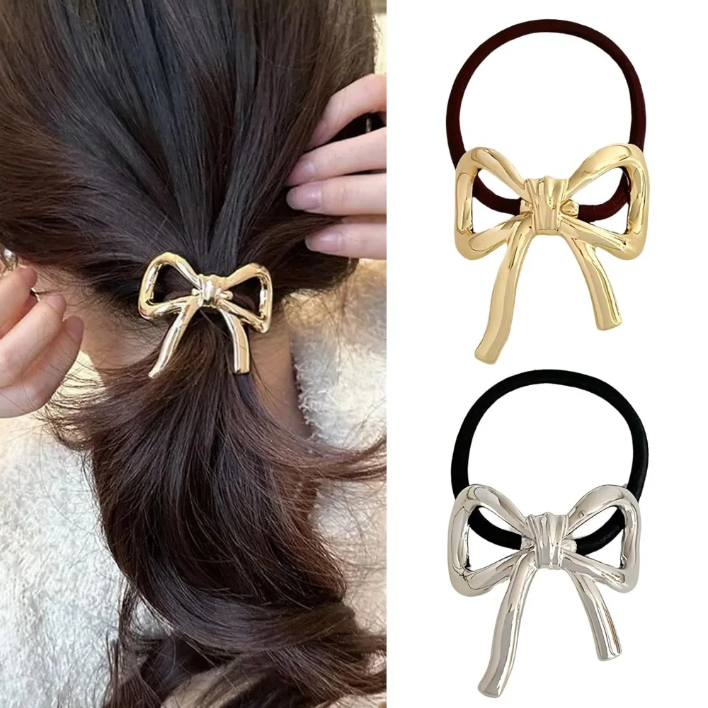 1/5Pcs Bowknot Hair Ties Metal Gold Silver Hair Bands Ropes Ponytail Holder Elegant Elastic Rubber Hair Scrunchies