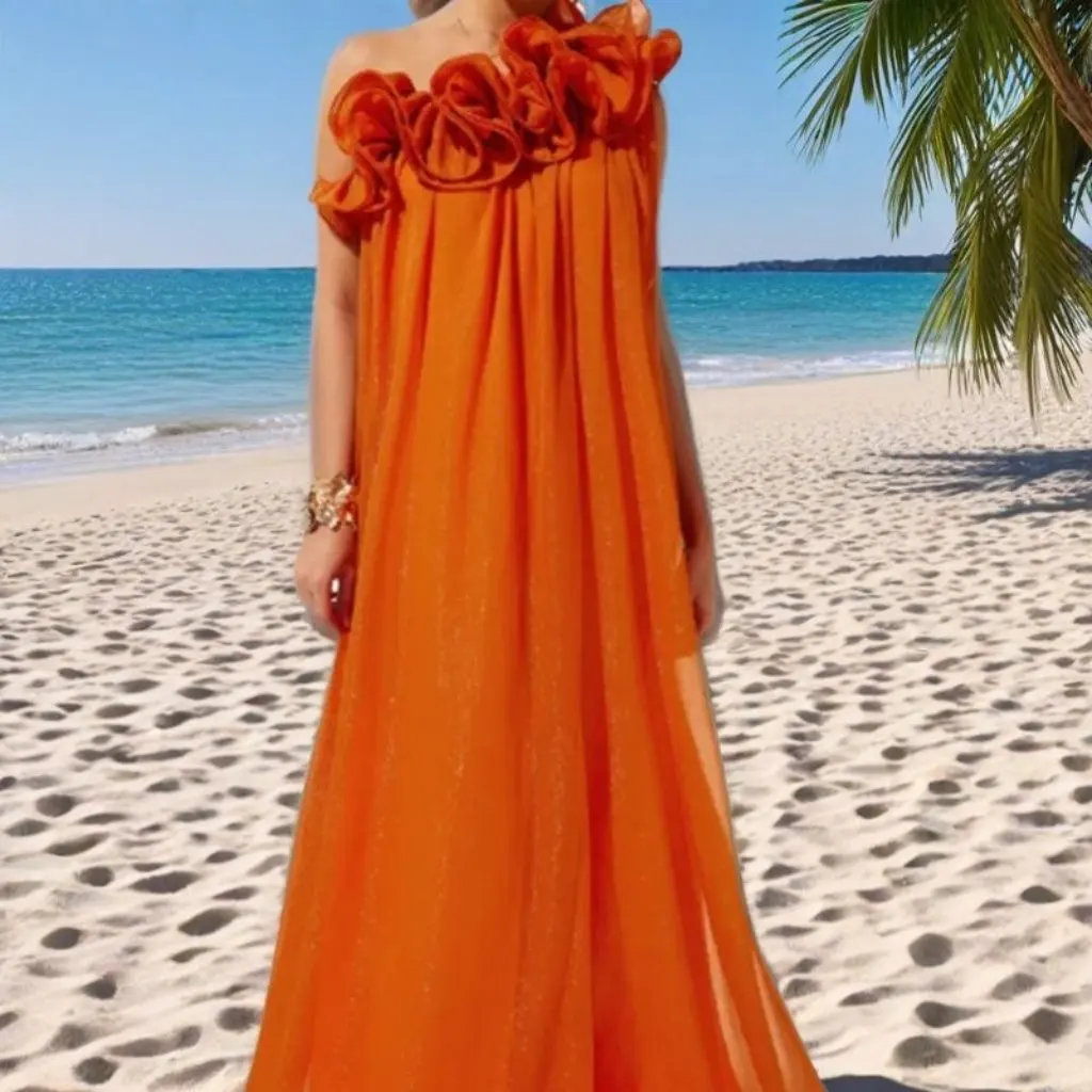 Women's Three-Dimensional Flower Pleated Shoulder Dress Summer Backless A-Line Midi Skirt European Style Casual Fashion