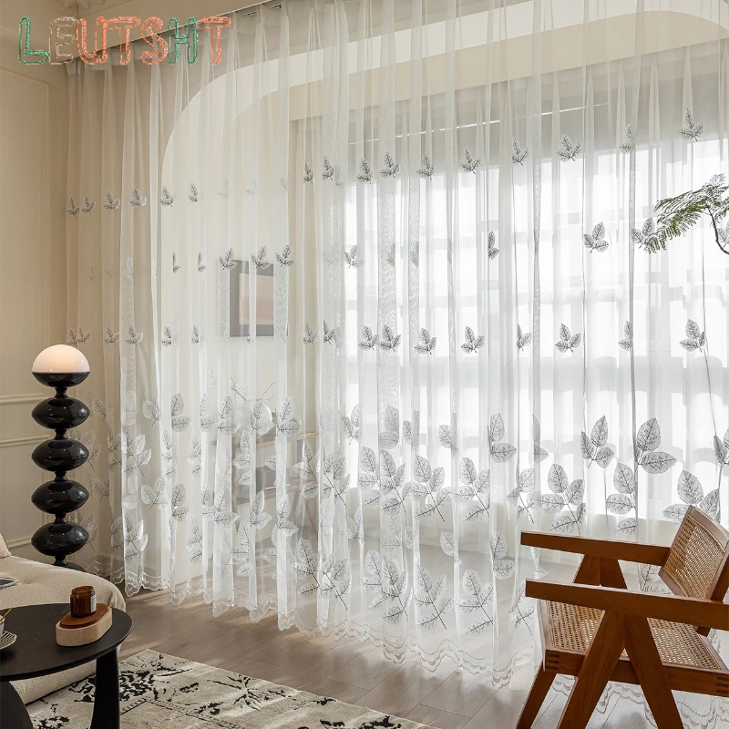 Luxury Leaves Embroidery Embroidery Transparent Balcony Modern Simple Custom Size Sheer Curtains for Living Dining Room Bedroom