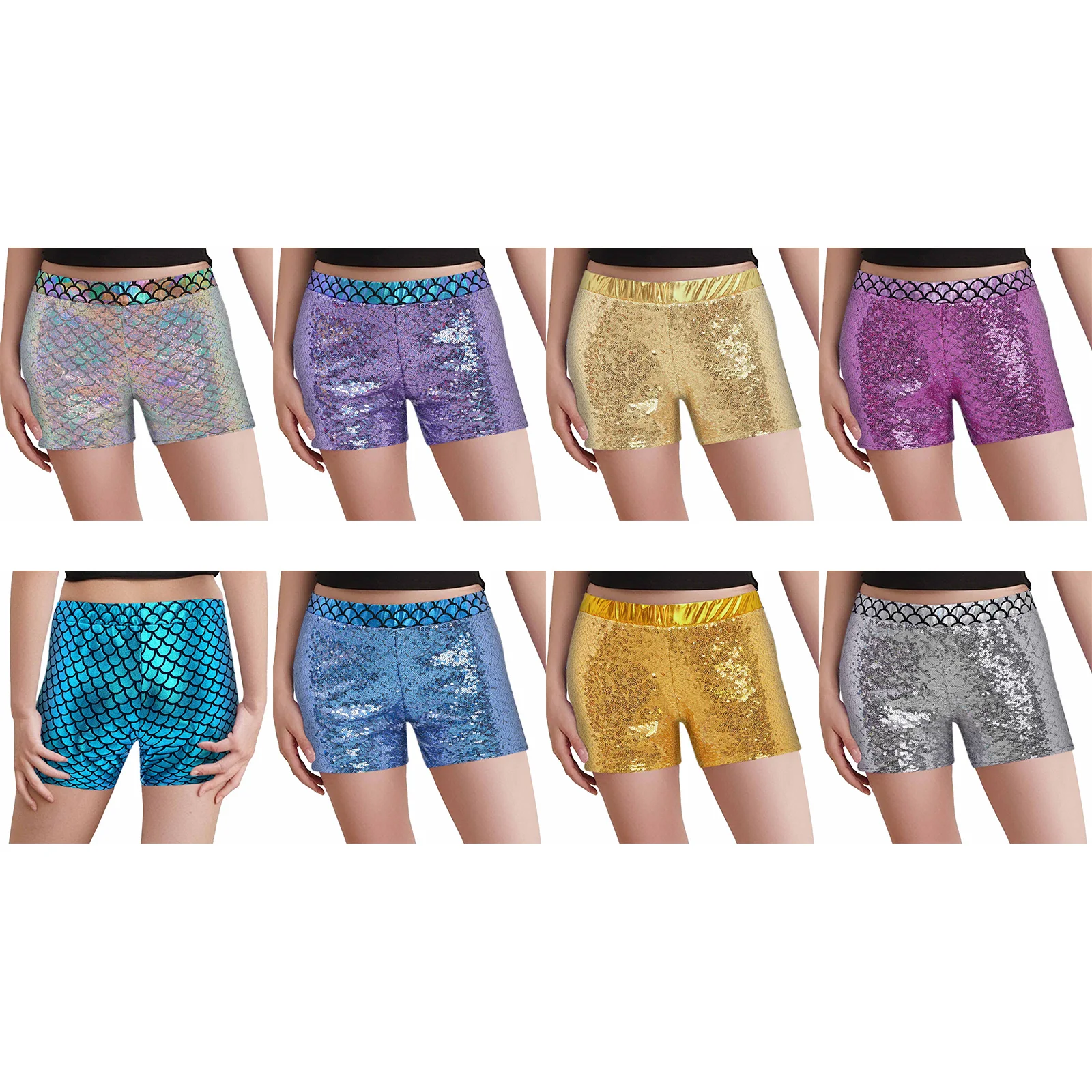 3-8Y Kids Girls Jazz Dance Performance Costume Elastic Waistband Fish Scale Sparkling Sequin Metallic Shorts for Birthday Party