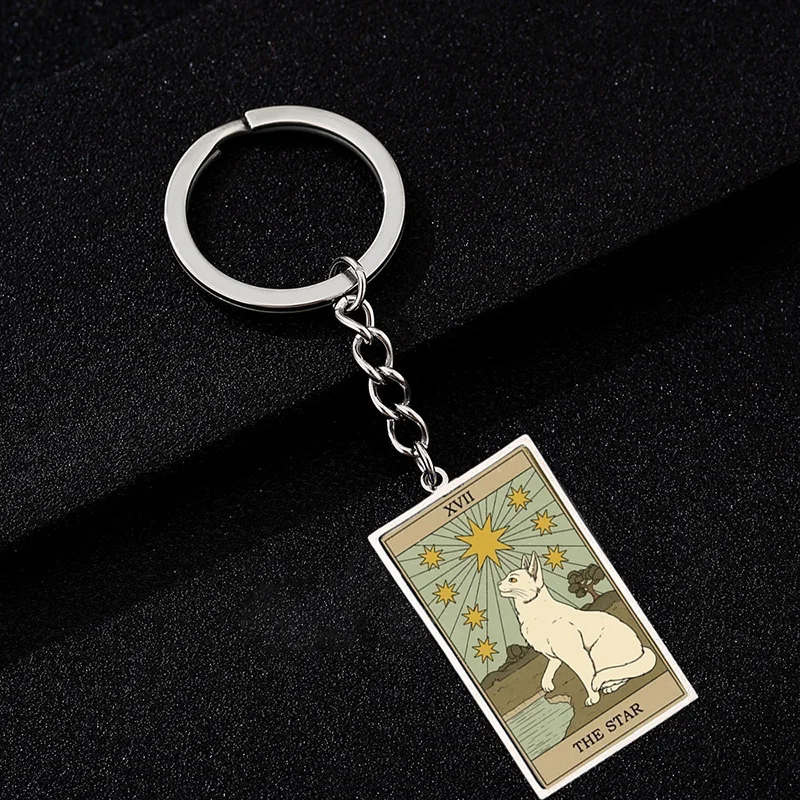 لطيف القط التارو بطاقة قلادة سلاسل المفاتيح خمر مستطيل الايبوكسي الفولاذ المقاوم للصدأ مفتاح سلسلة كيرينغ الحيوان العرافة مجوهرات