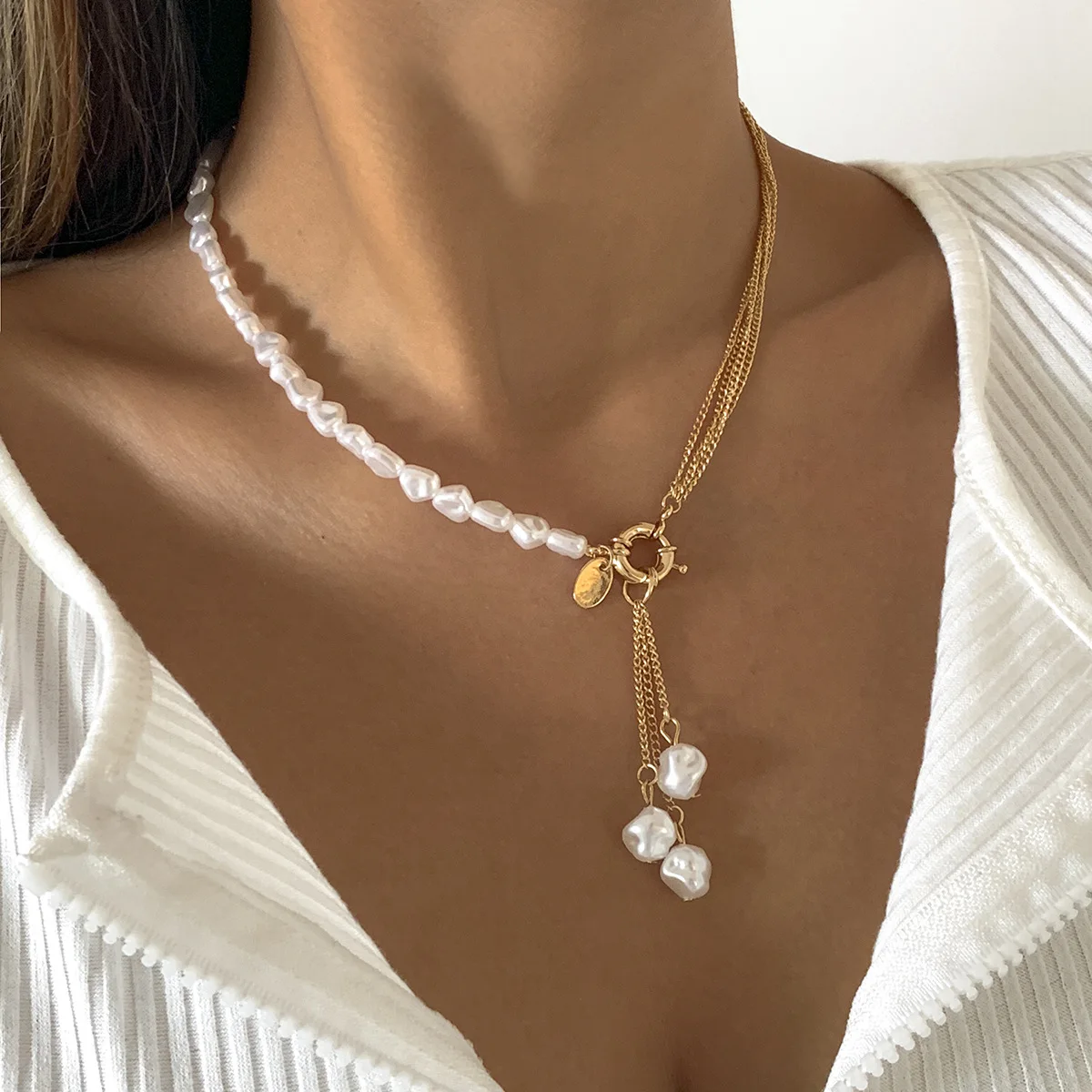Accessories, Baroque special-shaped pearl fringed necklace, simple geometric multi-layer chain necklace with temperament