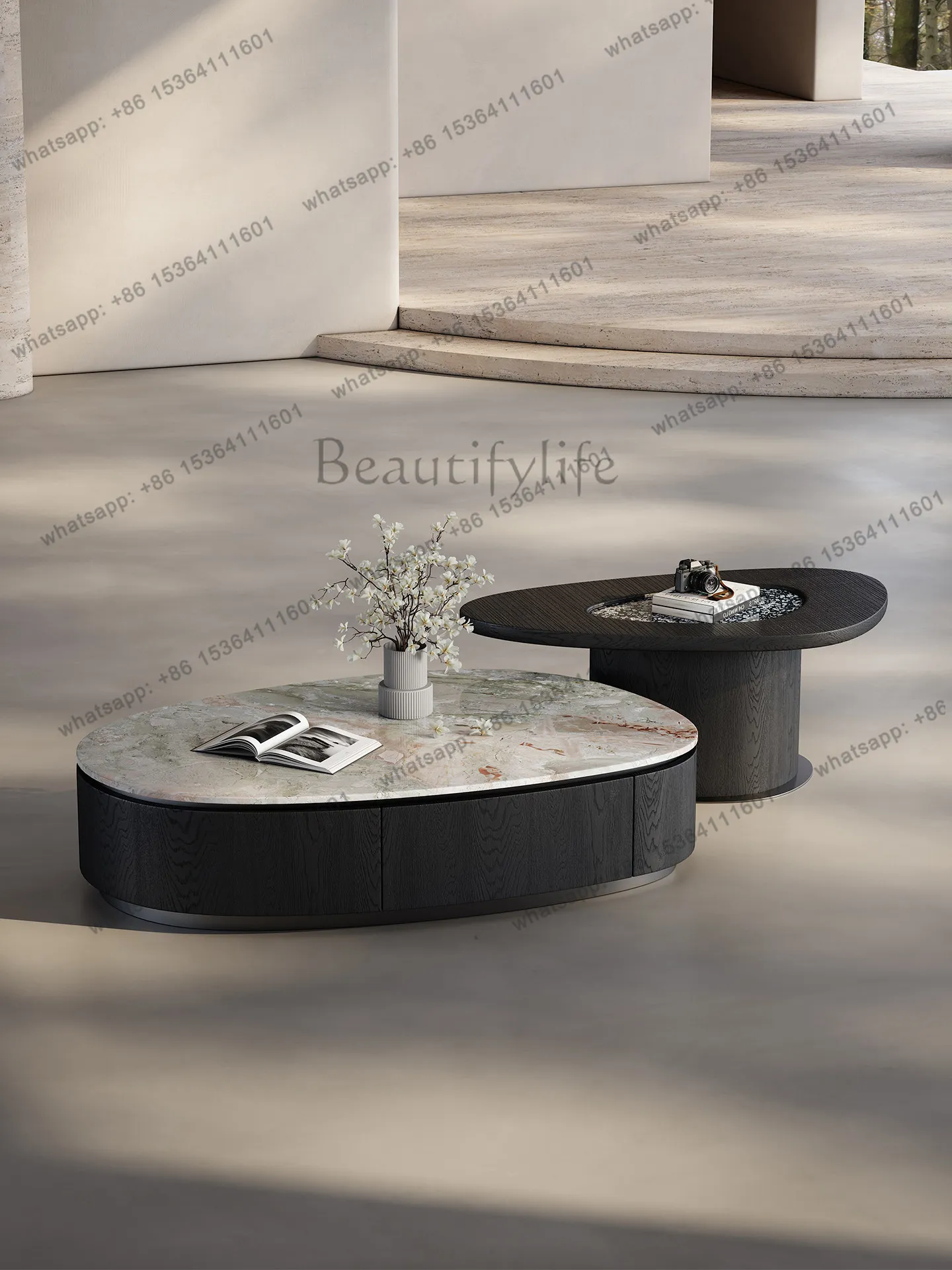 

PG Italian minimalist natural marble coffee table combination living room household oval high-end villa large flat floor