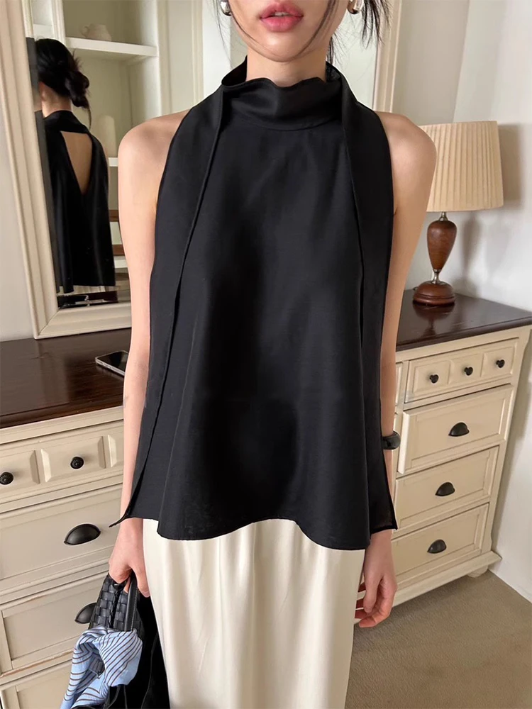 섹시한 백리스 넥 홀터 베스트 여성 여름 신상 레트로 루즈핏 셔츠와 매치 가능한 편안하고 통기성 좋은 캐주얼 웨어