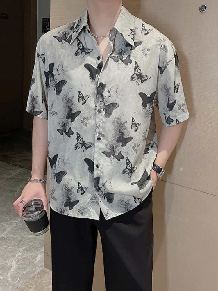 

Ice Silk Short Sleeve Shirt Men's Summer Trendy Brand Retro Print Half Sleeve Shirt Lightweight Loose Handsome Top