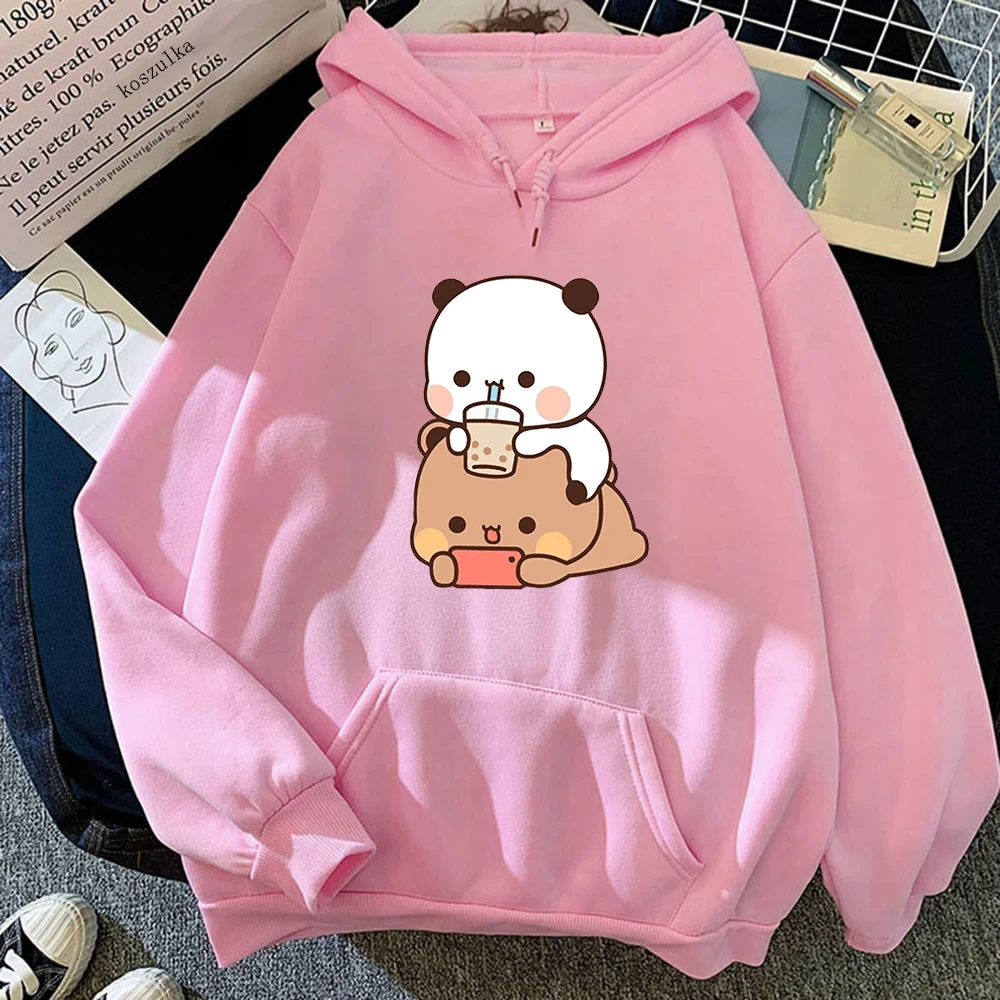 Sudadera holgada de manga larga para mujer, ropa Kawaii de talla grande, Tops con estampado de té de burbujas, Bubu y Dudu Drink, Harajuku