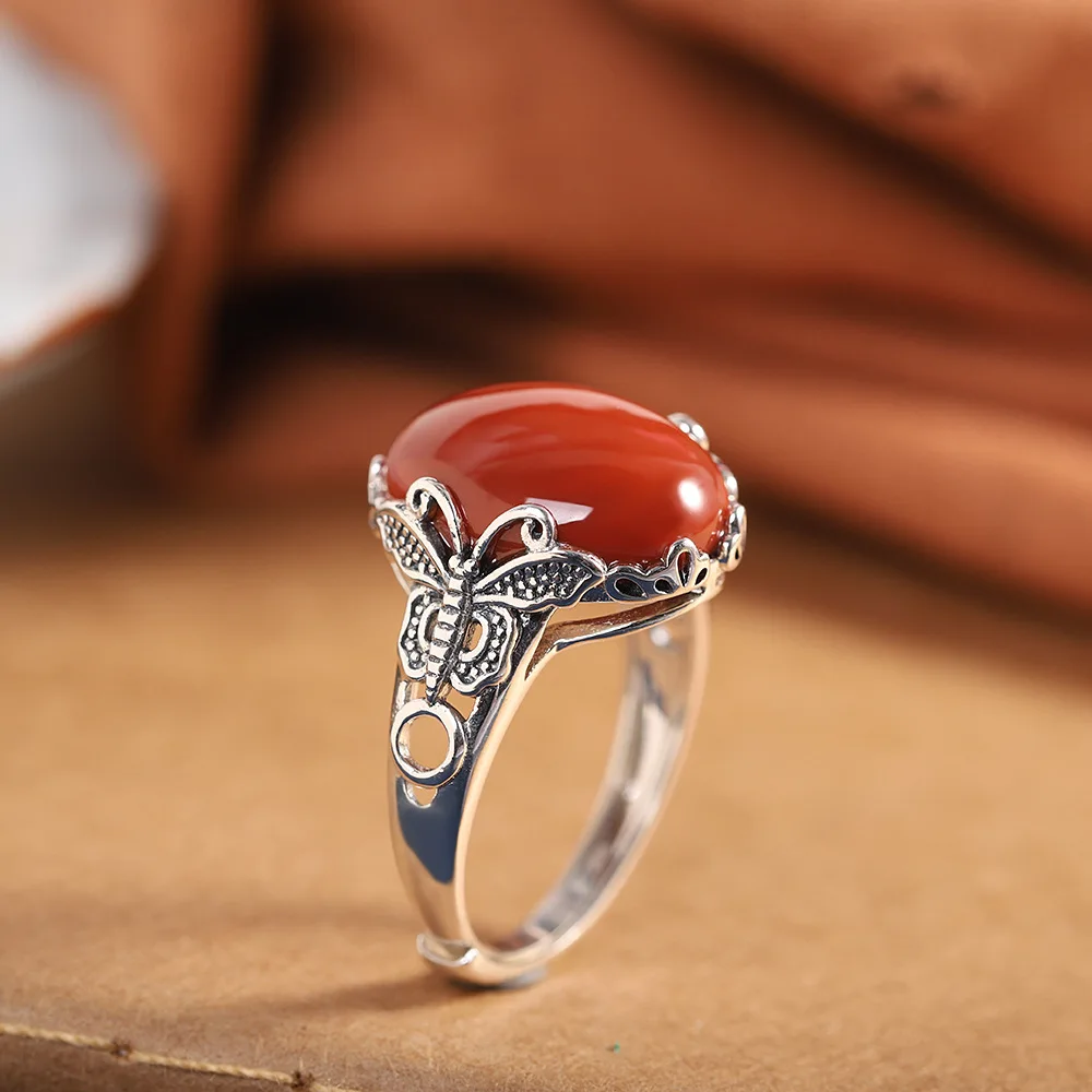 National Style Jewelry Inlaid with Nanhong Butterfly Ring, Retro and Old Jewelry, Open Ring, Index Finger Ring