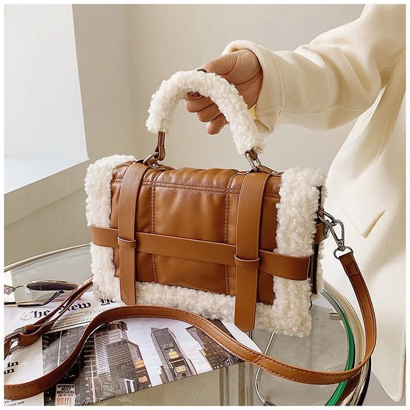 

2023 Female Shoulder Messenger Bag PU Fashion Plush Tote Women Plush Handbag Casual Lambswool Leather Luxury Designer Lady Purse