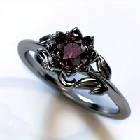 Women's Flower Shaped Red Crystal Ring Gun Black Electroplated Handmade Classic Jewelry Inlaid Cubic Zirconia Party Gift for Her