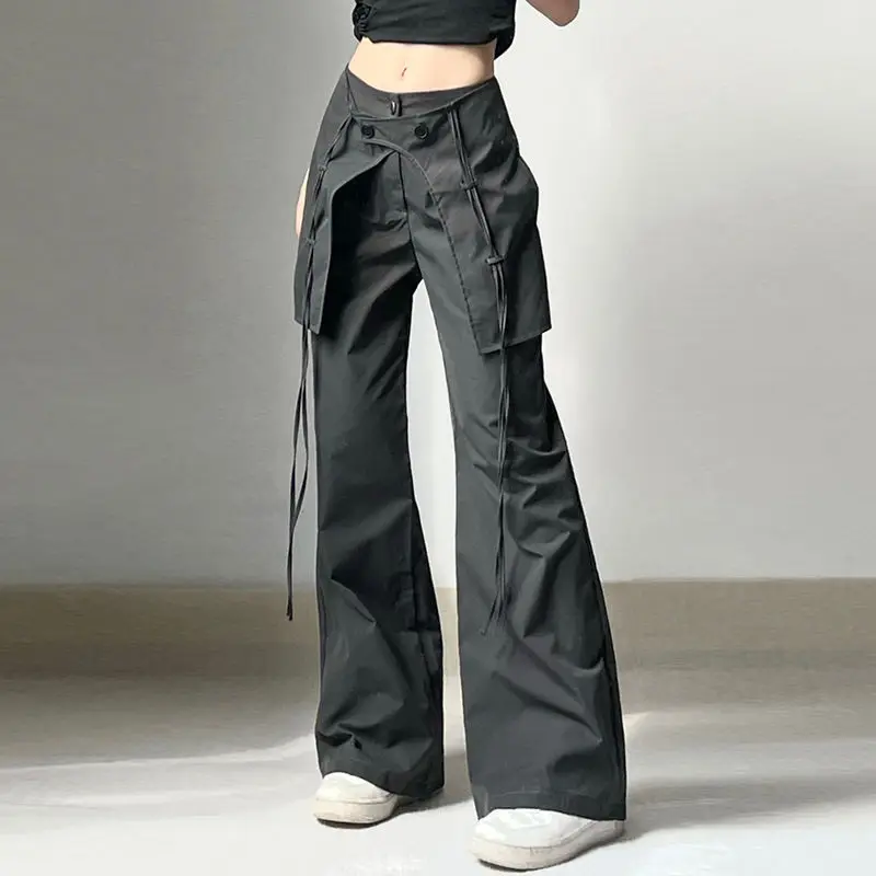 

Long Pants Drawstring With Large Pockets Mid Waist Loose Cargo Pant Comfortable Black Vintage Relaxed Fit Women High Street