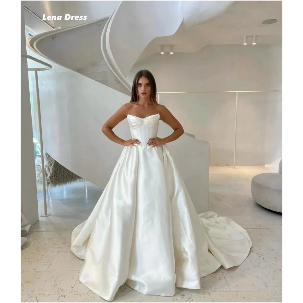 

Lena Custom Made Prom Dresses White Wedding Party Dress Satin Tube Top Women Evening Dress Ground Length Line A Side Slit Events