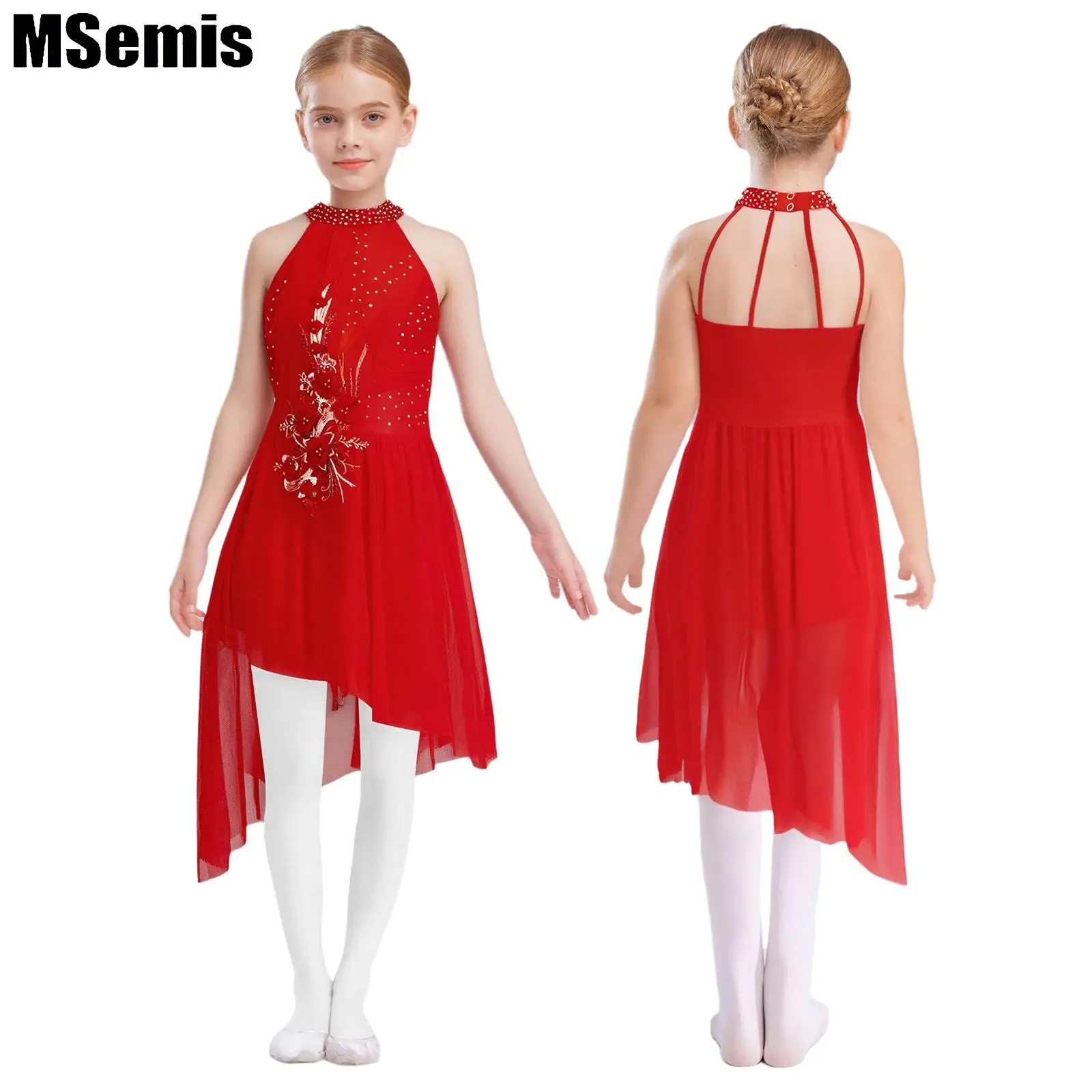 

Kids Girls Lyrical Applique Dance Dresses Sleeveless Irregular Hem Shiny Sparkly Rhinestones Delicate Ballet Dress Dancewear