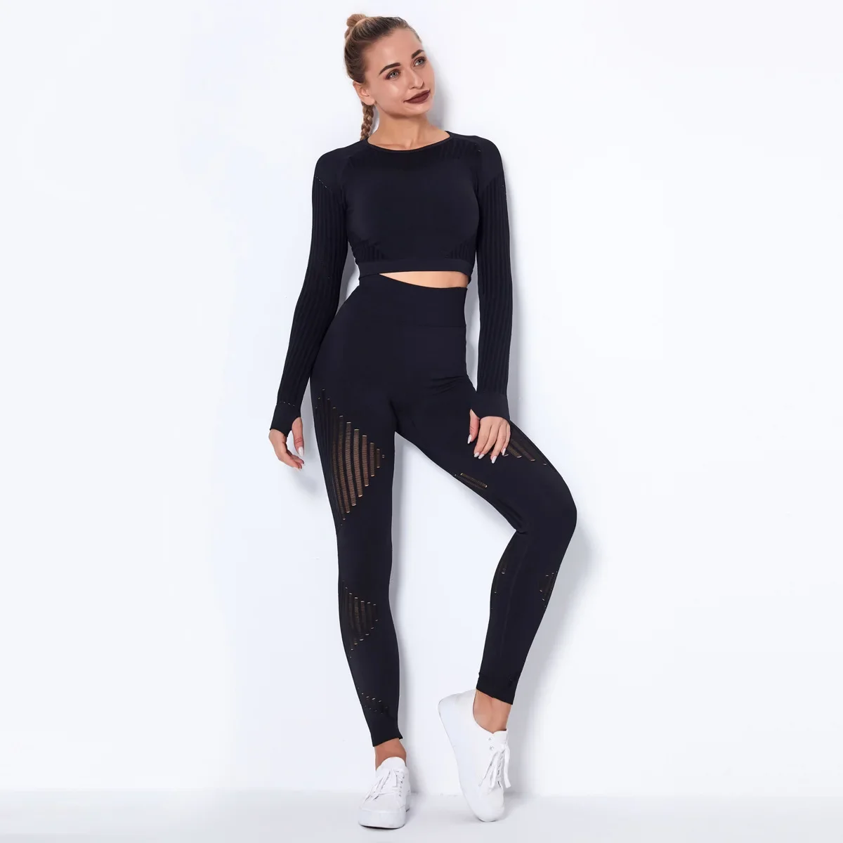 Seamless Yoga Sets Sports Fitness High Waist Hip-lifting Trousers Long Sleeve Crop Tops Suits Workout Gym Leggings Set for Women