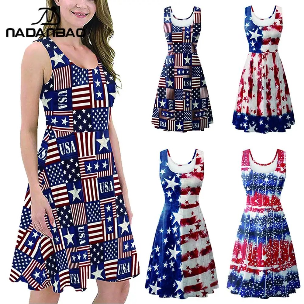 Nadanbao American Flag Women Dress Printed Tank Dresses Girl Sleeveless Backless Sexy Dress Holiday Party Clothing