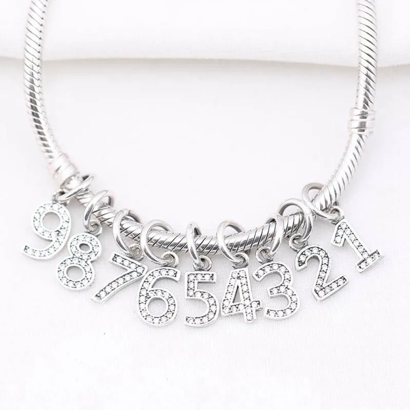 Mathematic Numbers Dangle Charm fit Lady Bracelets Silver Plated Bead  DIY Jewelry Clear CZ