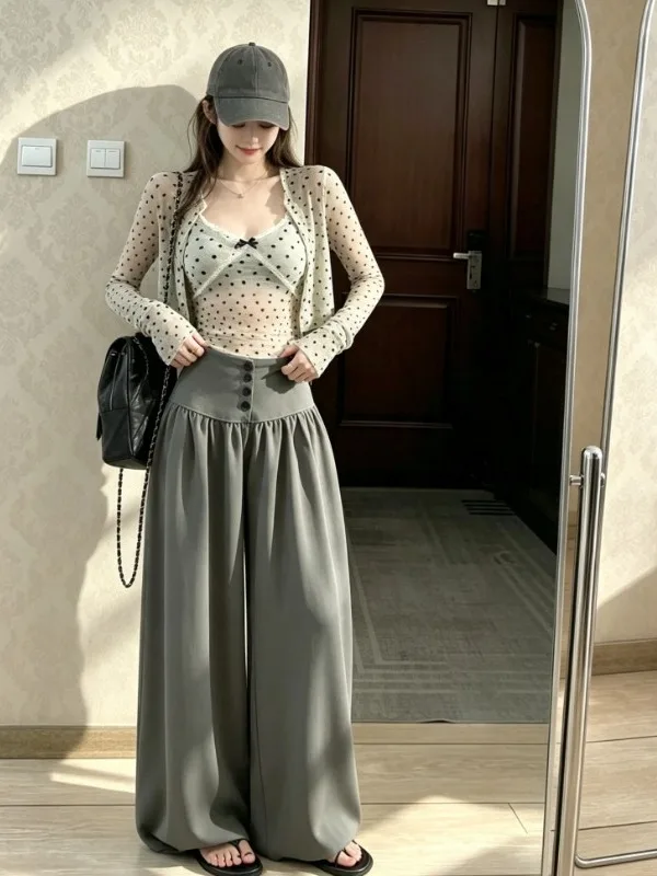 Korean Style Polka Dot Open Cardigan Wide Leg Pants Women's Summer Fashionable Two Piece Set Beautiful Complete Matching Outfit
