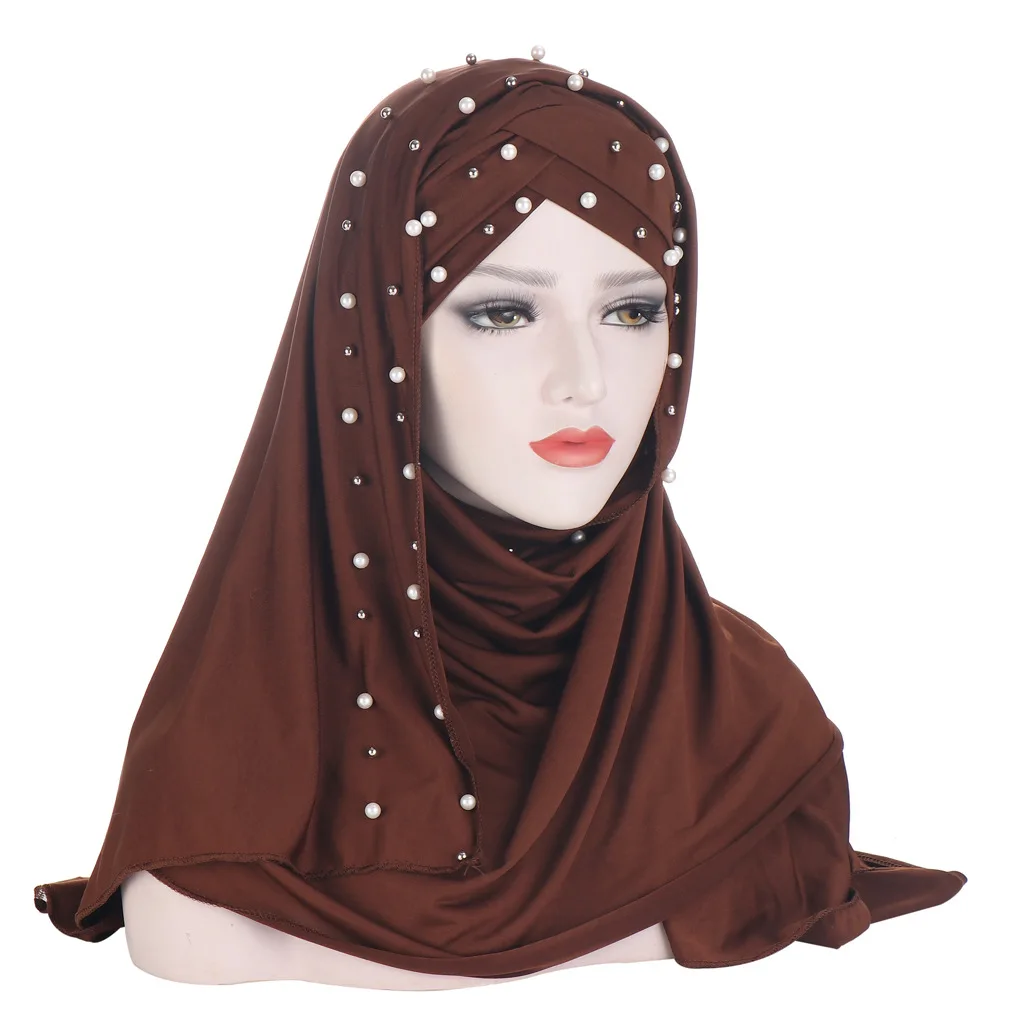 

Milk Silk Pure Color Muslim Hijabs for Woman Cross Forehead Big And Small Pearl Turban Muslim Women Hijab Two Pieces Set Scarf