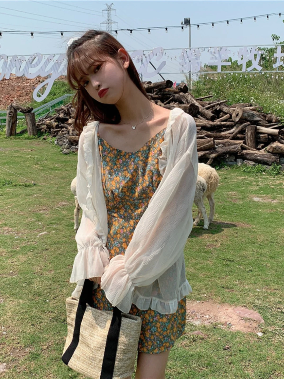 Ele Summer Thin Chiffon Top awl Women's Outerwear Sun Protection Korean Sle Bubble Sve V-ne Regular Length
