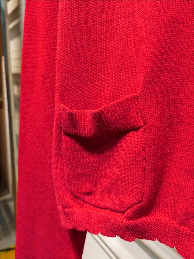 عيد الميلاد جيوب حمراء ضئيلة سترة مشغولة من الصوف امرأة س الرقبة طويلة الأكمام القطن البلوزات الحلو نمط Preppy تريكو معطف القمم