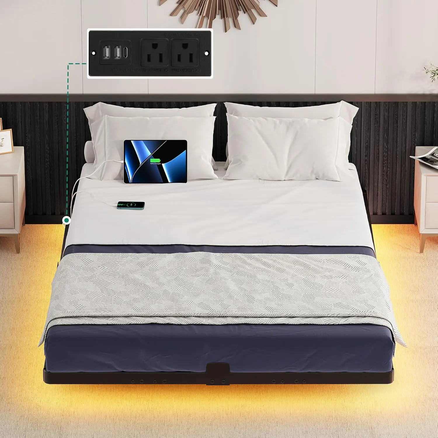 

Floating Bed Frame Full Size, Metal Platform Bed with LED Light, Charging Hub and Sturdy Steel Slats, Box Spring No Needed