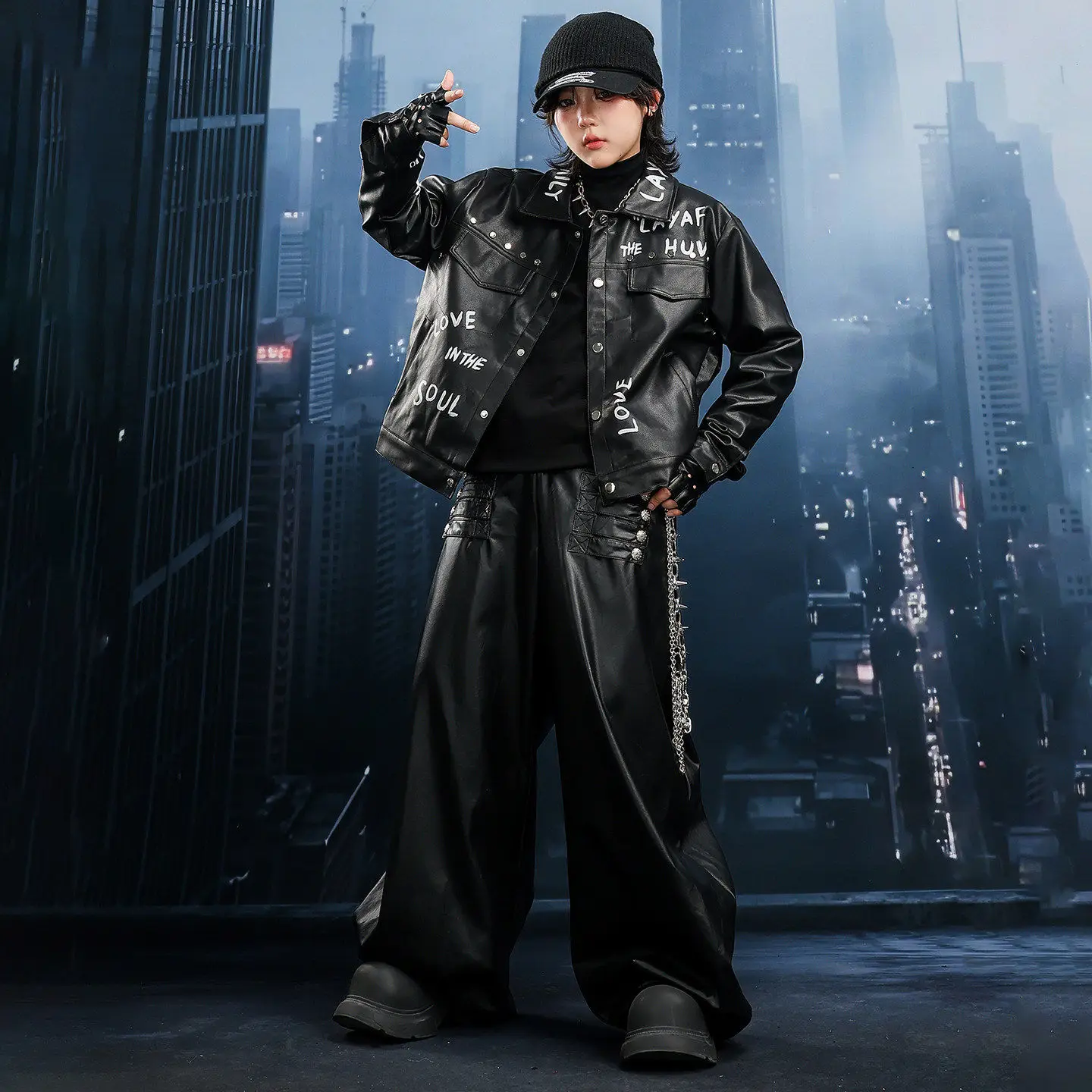 Children Boy Girl Streetwear Hip Hop Loose Casual Leather Motorcycle Jacket Pant Sets Kids Coat Trousers Stage Clothes Costume