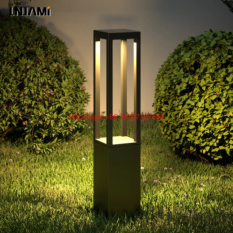 220V IP65 Modern Square Aluminum Backyard Landscape Post Pathway Lawn Lamp Outdoor Garden LED Bollard Light