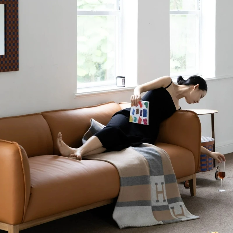 Italian delicate calfskinGolden brown ash wood sofa