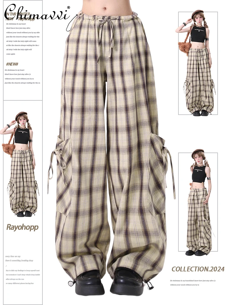 

Sweet Girl Overalls Women's Autumn Clothes New American Style Retro Plaid Bow Bandage Decorative Drape Plaid Casual Pants