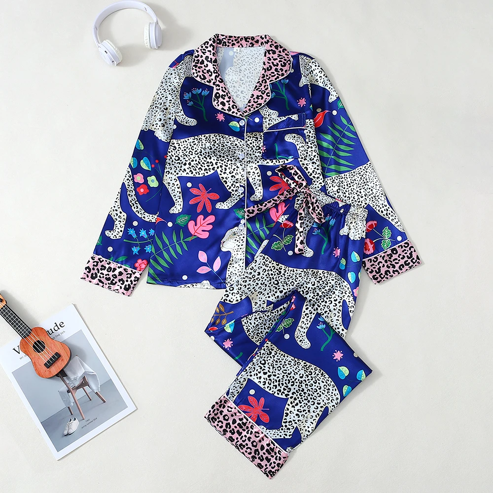 

2Pcs Women Fashion Home Wear Lapel Button Long Sleeves Elastic Waist Pants Sleepwear Set Home Clothes Cardigan Loungewear