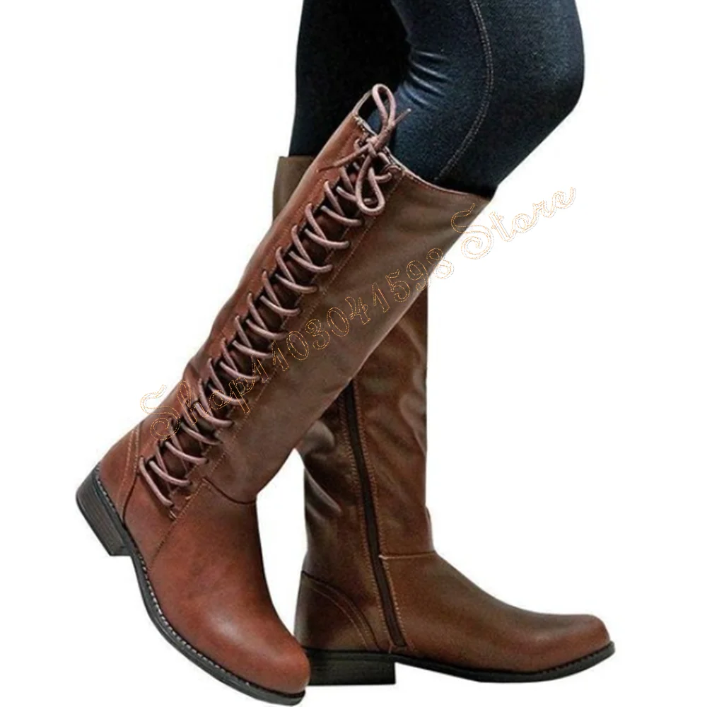 

Brown lace-up Side Zipper boots Knee High Pointed Toe Shoes Matte Leather for Women Mid Calf Heels 2024 New Zapatos Para Mujere