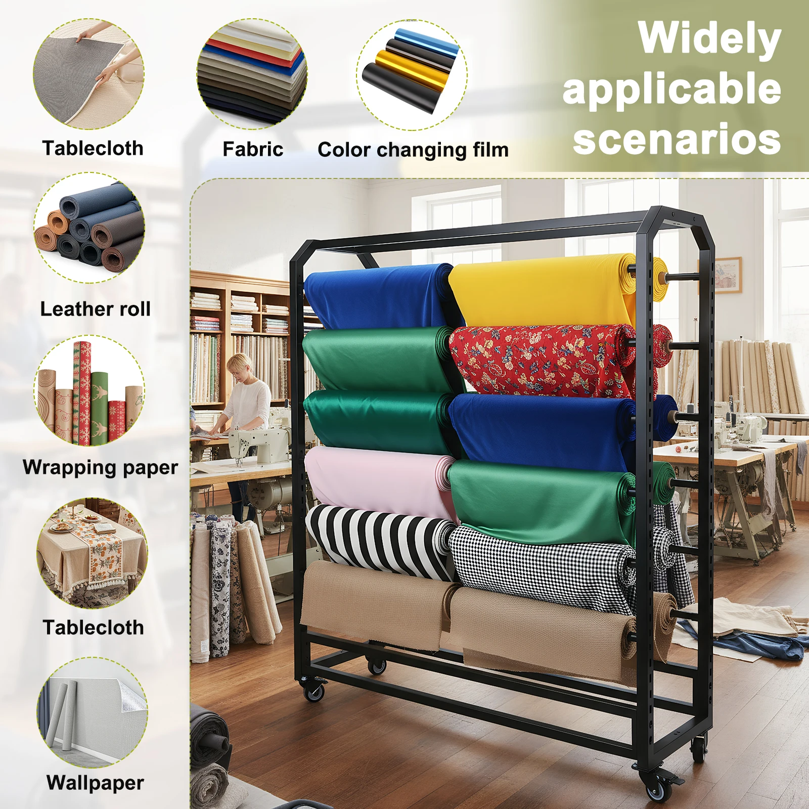 

Double Side Textile Fabric Roll Organizer Holder W/ Wheels W/12 Adjustable Rod for Craft & Sewing Supplies