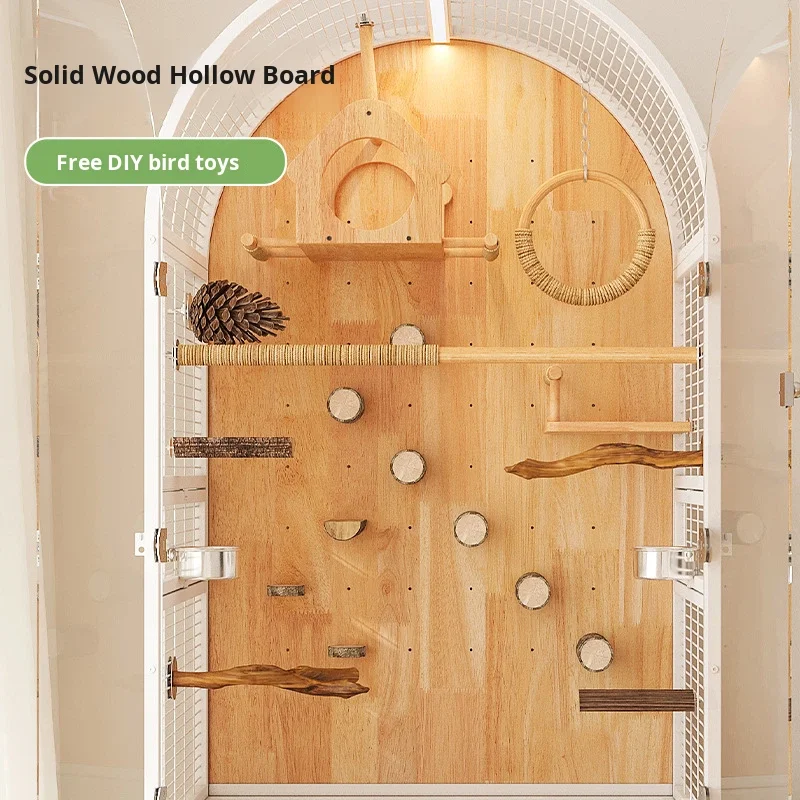 Solid Wood Modern Large Luxury Bird Cage Button Closure Splash-Proof Transparent Glass Eco-friendly Home Outdoor Use No Assembly