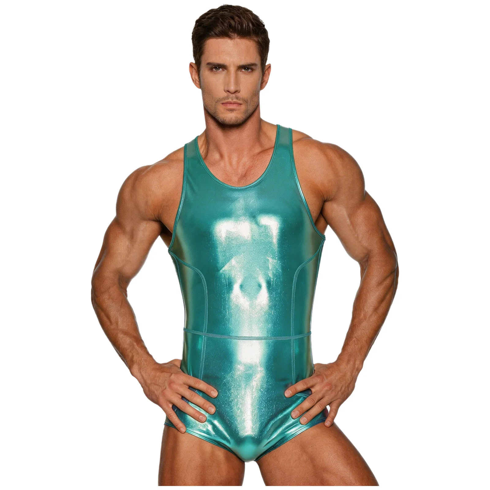 Men Metallic Shiny Bodysuit Wrestling Swimsuit Costume Athletic Swimwear Sleeveless Boxer Shorts Bottom One Piece Bathing Suit