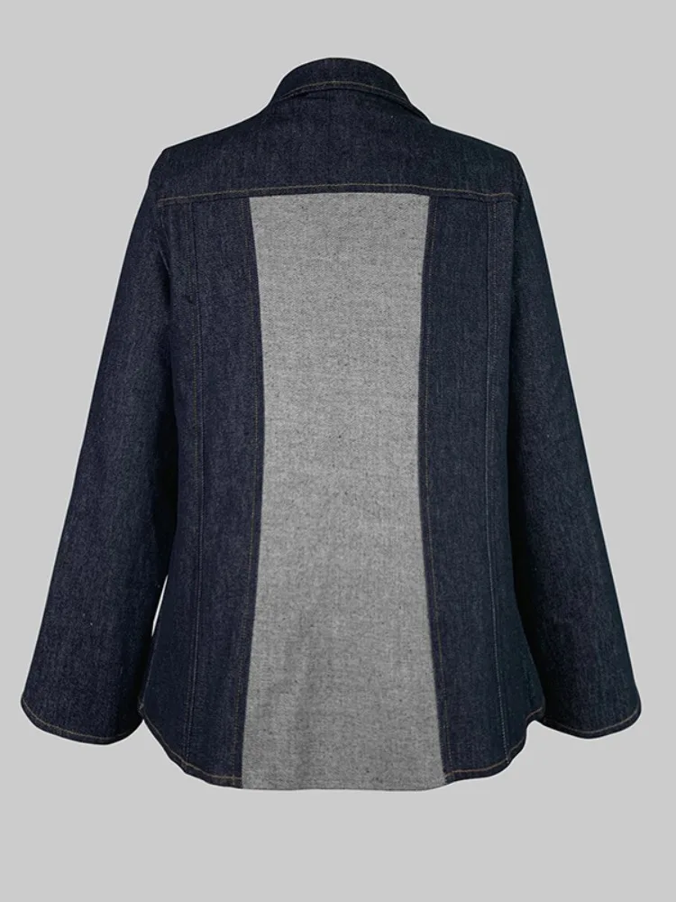Modigirl 2026 Autumn Winter Women\'s Denim Coat Contrast Color Split-Joint Deep V-Neck Classic Jean Jacket Outerwear for Female