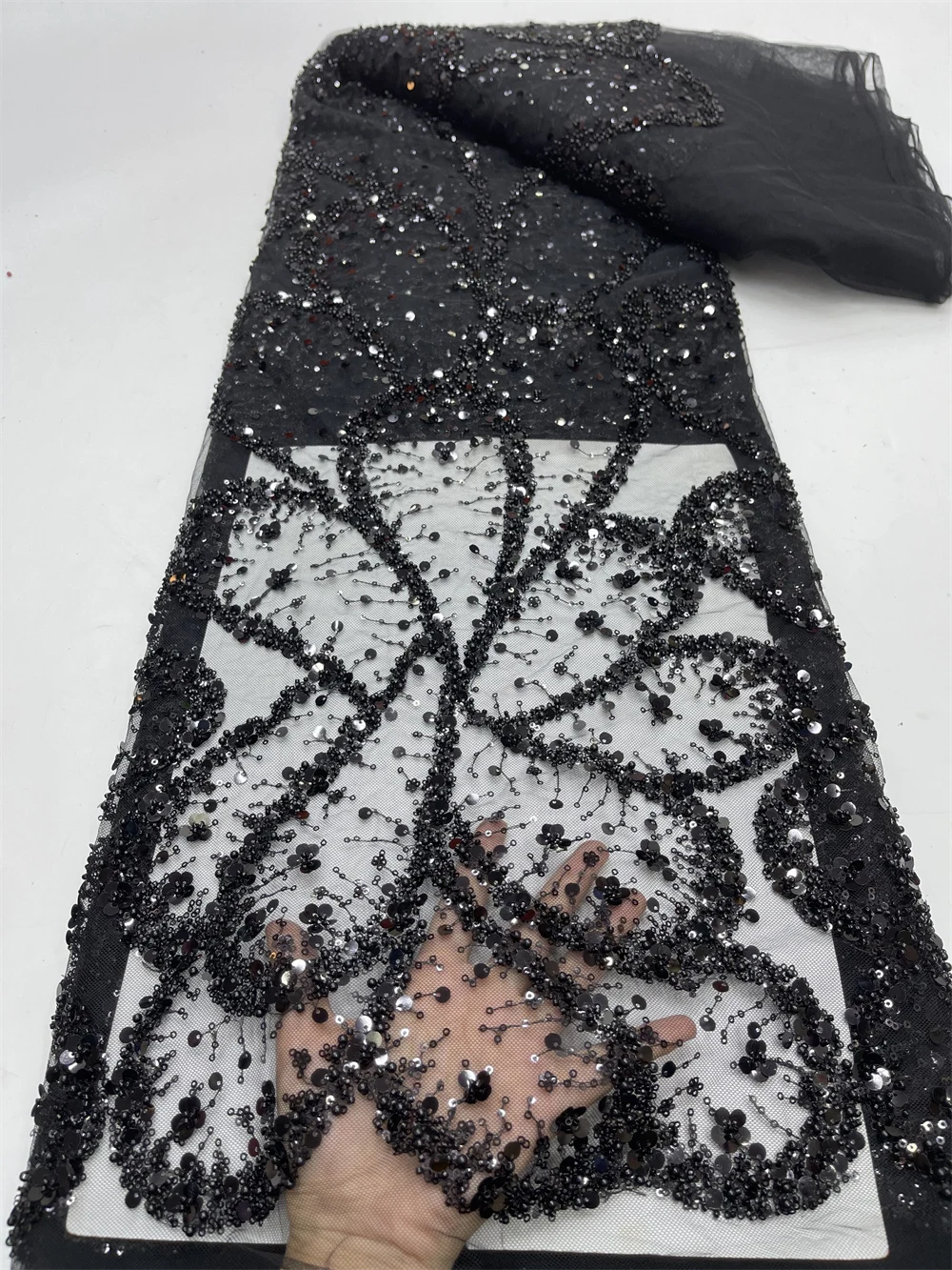 5 Yards African Mesh Lace 2024 Fabrics Embroidery Sequins Tulle Dubai Beaded Black Fabric For Women Party Dresses Sewing Meters
