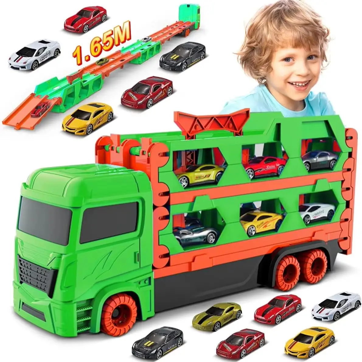 VATOS Expandable 1.65m Truck 6x Race Cars Toy for Boys Age 3+ Portable Transport Track Truck Vehicle Toy Set for Kids Gifts