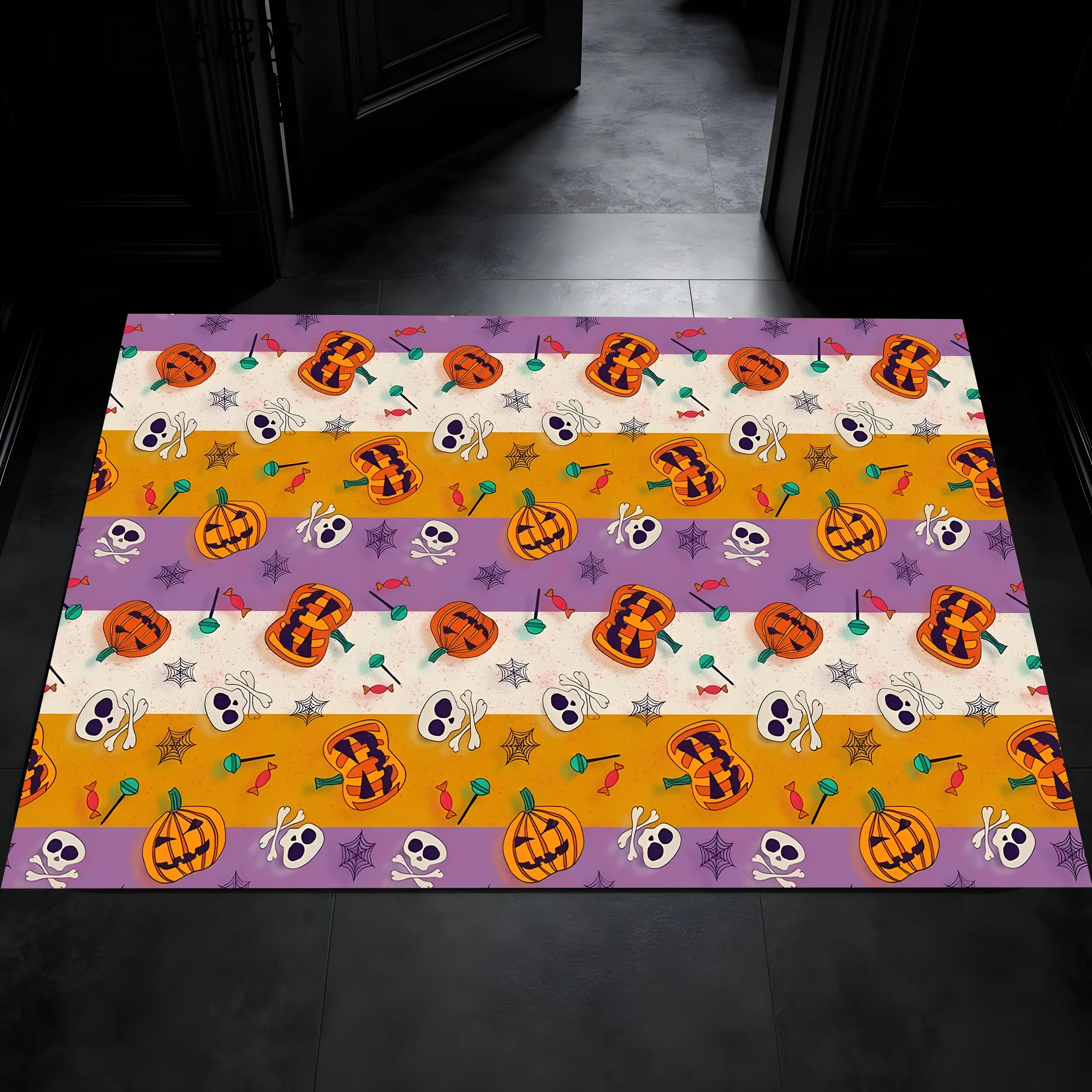 Velvet Pumpkin Skull Striped Quirky 2D Rug for Living Room, Bedroom, Party, Autumn/Winter Warm