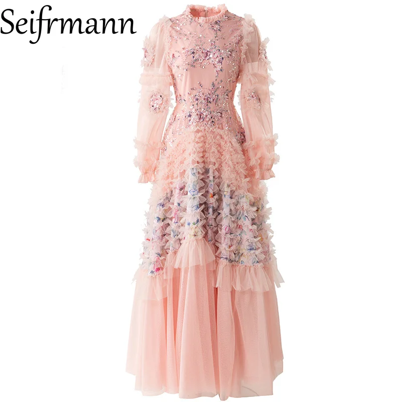 Seifrmann 2026 lente dames nieuwe modieuze ronde hals lange mouw pailletten splicing mesh taille cinching jurk