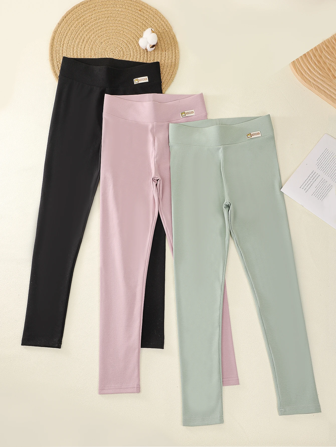 3 pieces for girls casual simple solid color high-waisted cute rabbit elevated elastic cotton high-waisted nine-minute pants