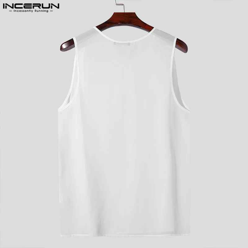 INCERUN Tops 2024 Korean Style Stylish Men\'s Simple Perspective Vests Leisure Streetwear Male O-neck Sleeveless Tank Tops S-5XL