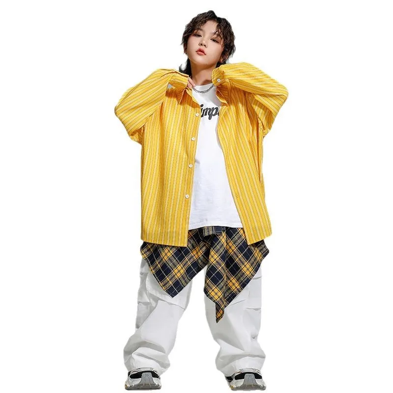 

Kid Hip Hop Clothing Yellow Striped Shirt White Casual Wide Pleated Pockets Pants for Girl Boy Jazz Dance Wear Costumes Clothes