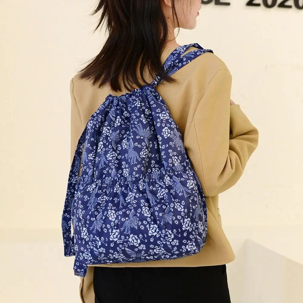 Casual Floral Printed Drawstring Bag Polyester Waterproof Portable Shopping Bag Fold Large Capacity Backpacks Ladies
